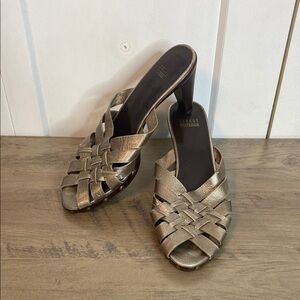 Stuart Weitzman | Dark Bronze Leather Woven Heeled Sandals - Clog Stud Style - 8